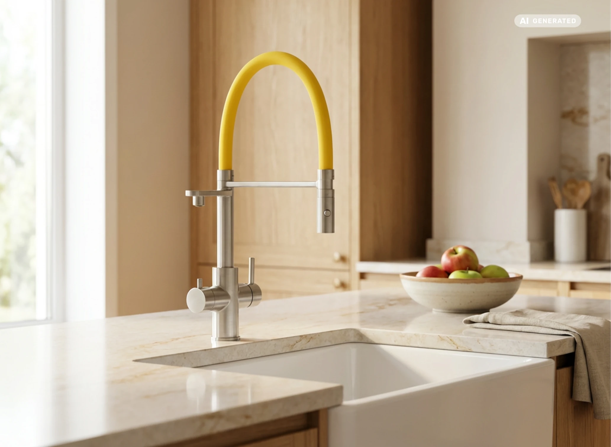 LivingTap Pro Sprudelwasserhahn in moderner Küche mit gelbem Armaturbogen