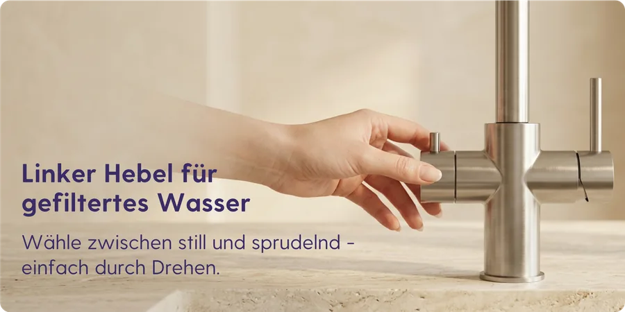 Linker Hebel der LivingTap Armatur zur mechanischen Auswahl von gefiltertem Wasser