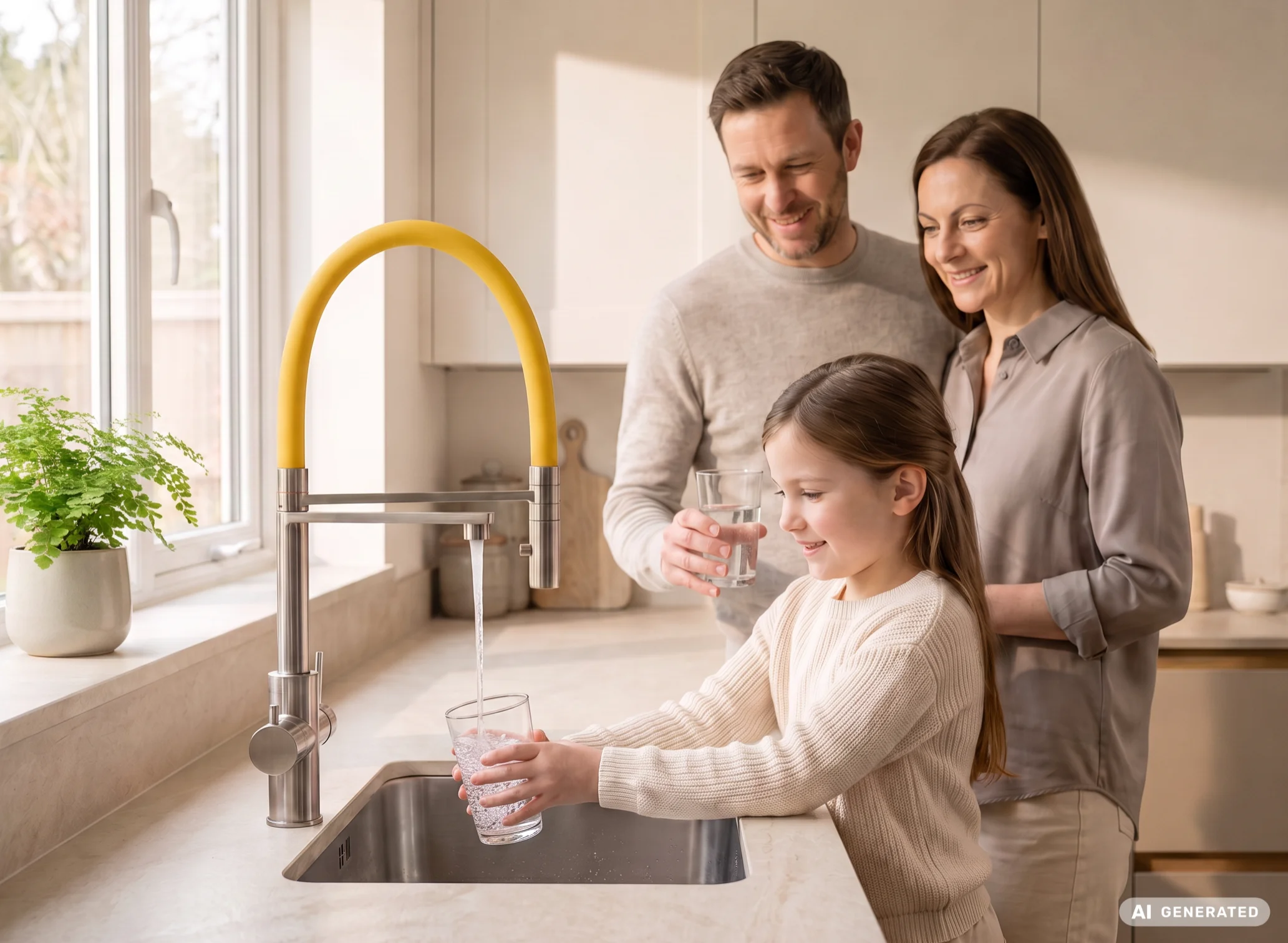 KI-generiertes Küchenmotiv mit Familie und LivingTap Pro Armatur