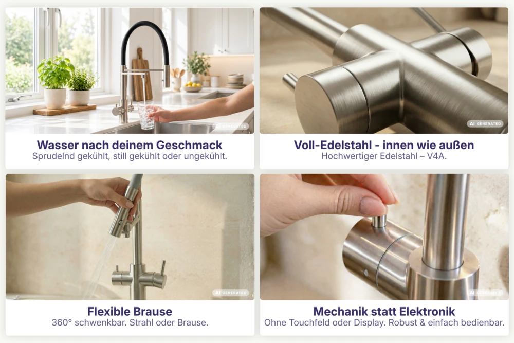 Wasser nach deinem Geschmack, Voll-Edelstahl – innen wie außen, Flexible Brause, Mechanik statt Elektronik