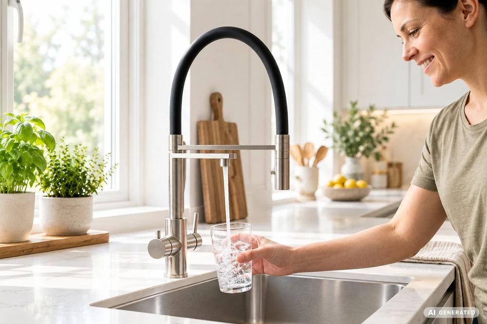 PRO FLEX in heller Küche: Eine Frau zapft Wasser und hält ein Wasserglas unter den Hahn