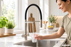 PRO FLEX in heller Küche: Eine Frau zapft Wasser und hält ein Wasserglas unter den Hahn