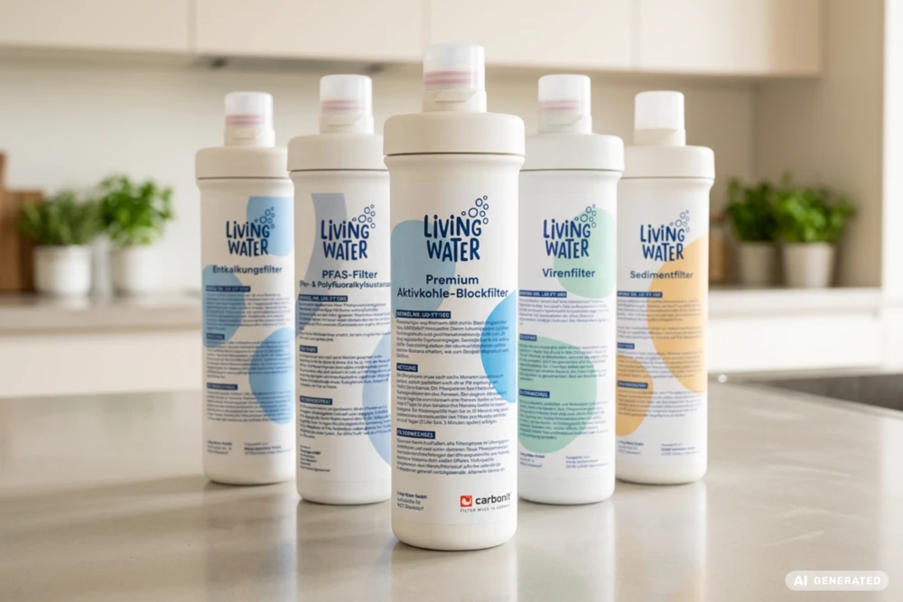 Living Water Filterkartuschen: in der Mitte der enthaltene Premium-Aktivkohle-Blockfilter von Carbonit, daneben optionale Zusatzfilter für Entkalkung, PFAS, Viren und Sediment