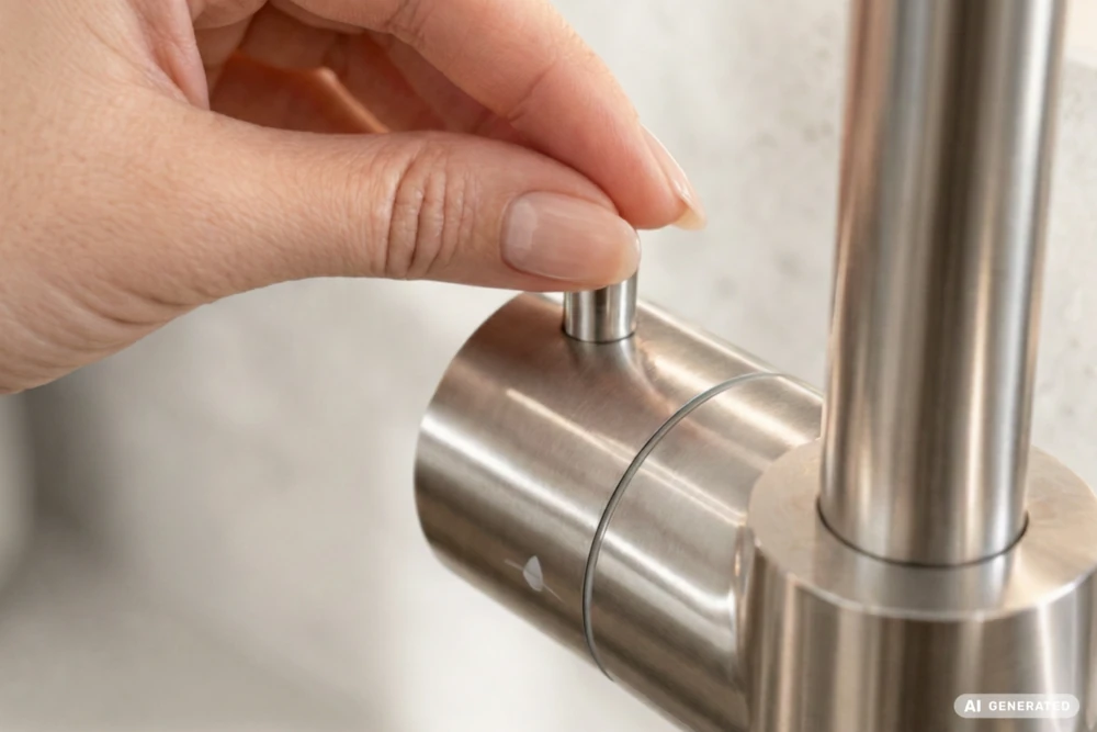 Hand wählt die Wasserfunktion über den mechanischen Drehgriff der Edelstahlarmatur