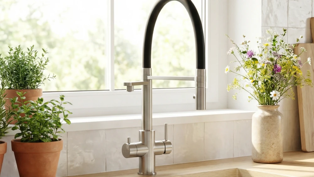 LivingTap Pro Armatur aus gebürstetem Voll-Edelstahl 316L an einer hellen Küchenspüle