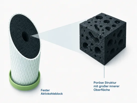Schnittbild eines Aktivkohleblockfilters mit poröser Aktivkohlestruktur