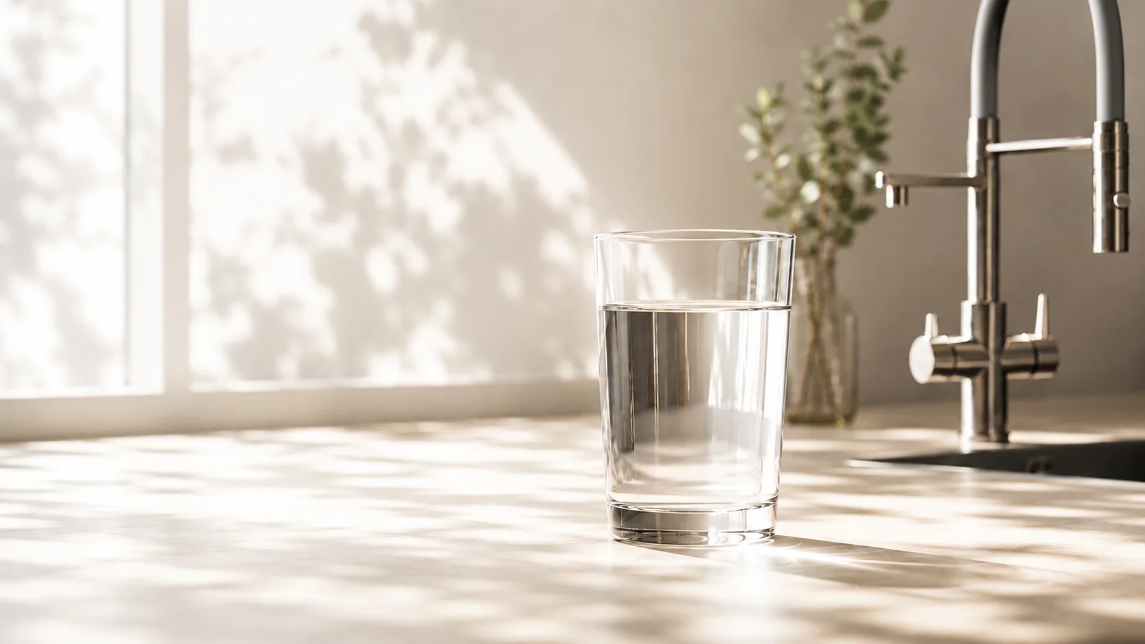 Glas gefiltertes Wasser in einer hellen Küche