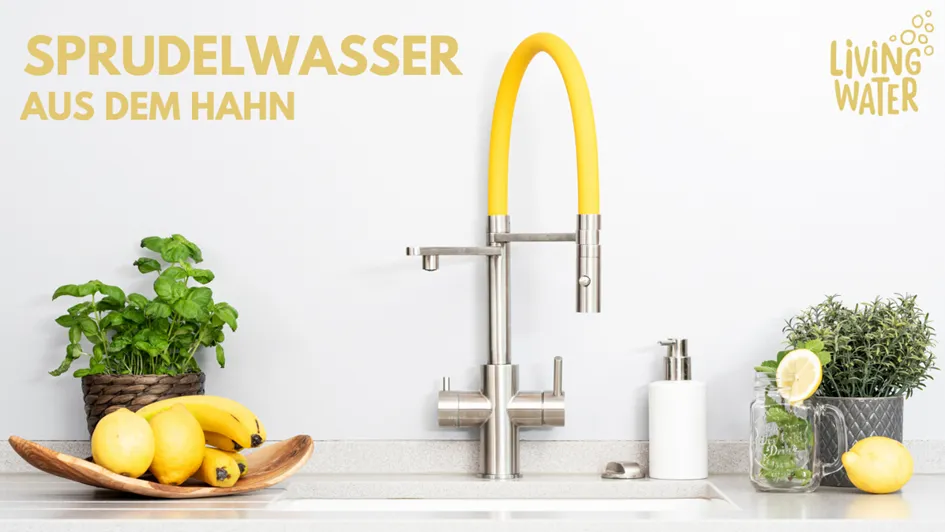 Sprudelwasser direkt aus dem Hahn mit LivingTap Moderne Küchenarmatur mit gelbem Schlauch für Sprudelwasser direkt aus dem Hahn.