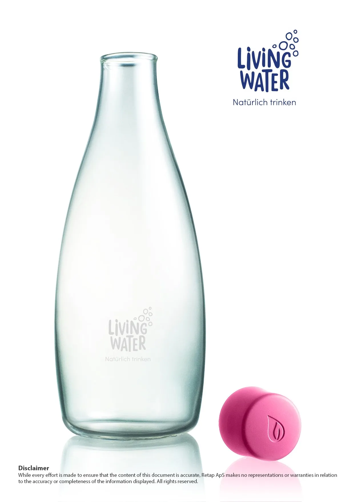 Eine gläserne Wasserflasche mit einem pinken Verschluss und dem Schriftzug „Living Water – Natürlich trinken“.