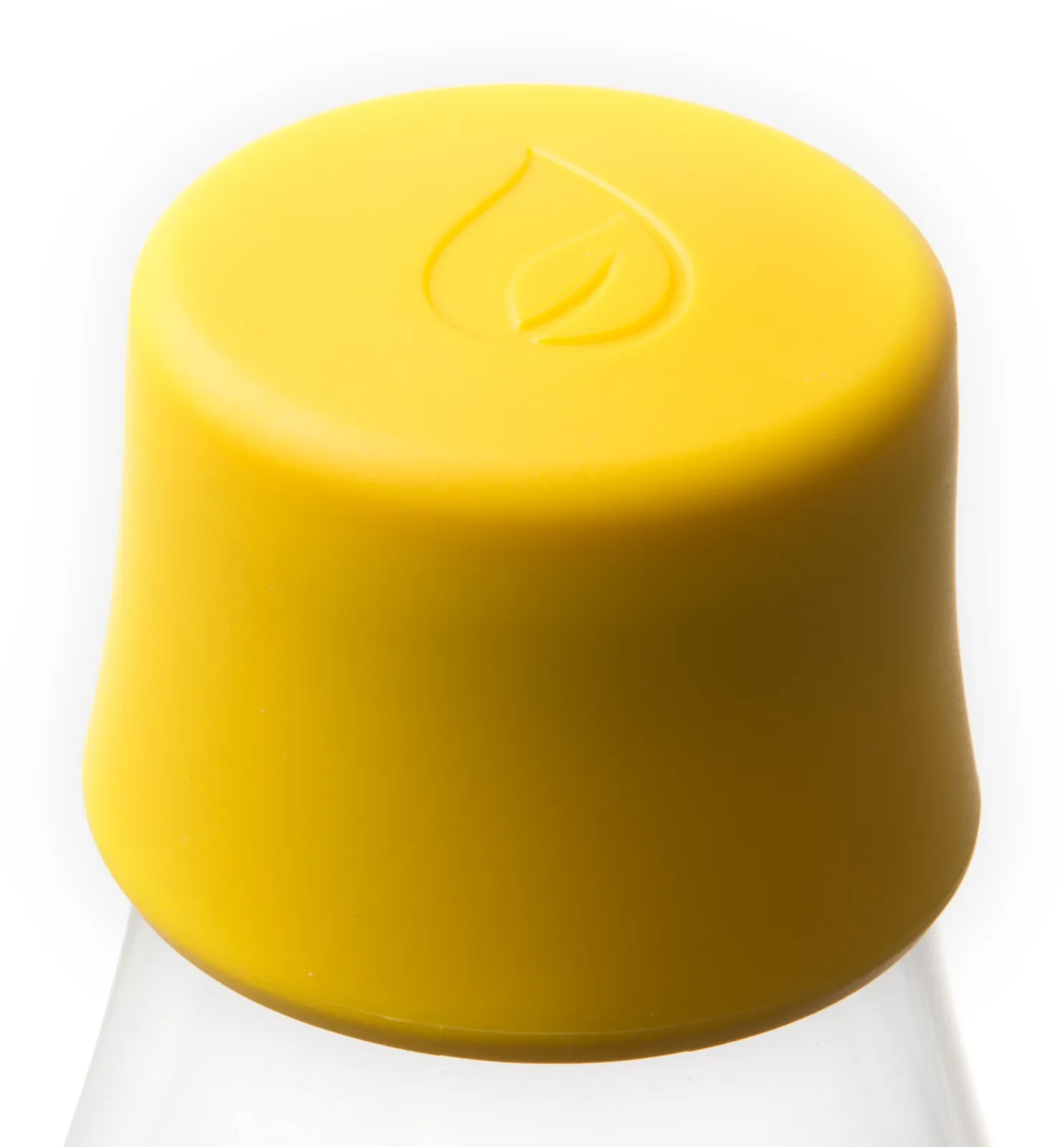 Gelber Deckel mit einem Blatt-Symbol auf einer durchsichtigen Flasche.