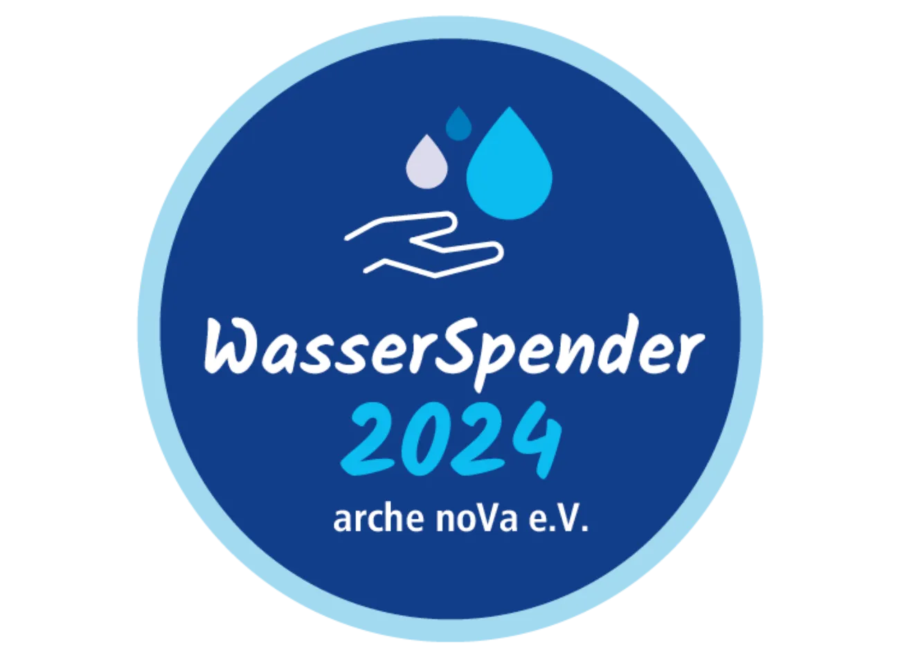 Ein blauer Kreis mit der Aufschrift "WasserSpender Unternehmen 2023" und einem Symbol von Wassertropfen und einer Hand.