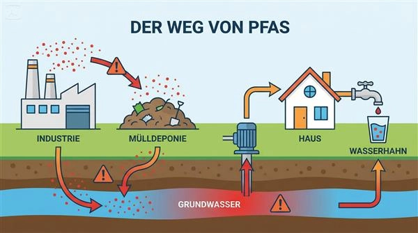 Infografik: Wie PFAS über Industrie und Deponien ins Grundwasser und Trinkwasser gelangen