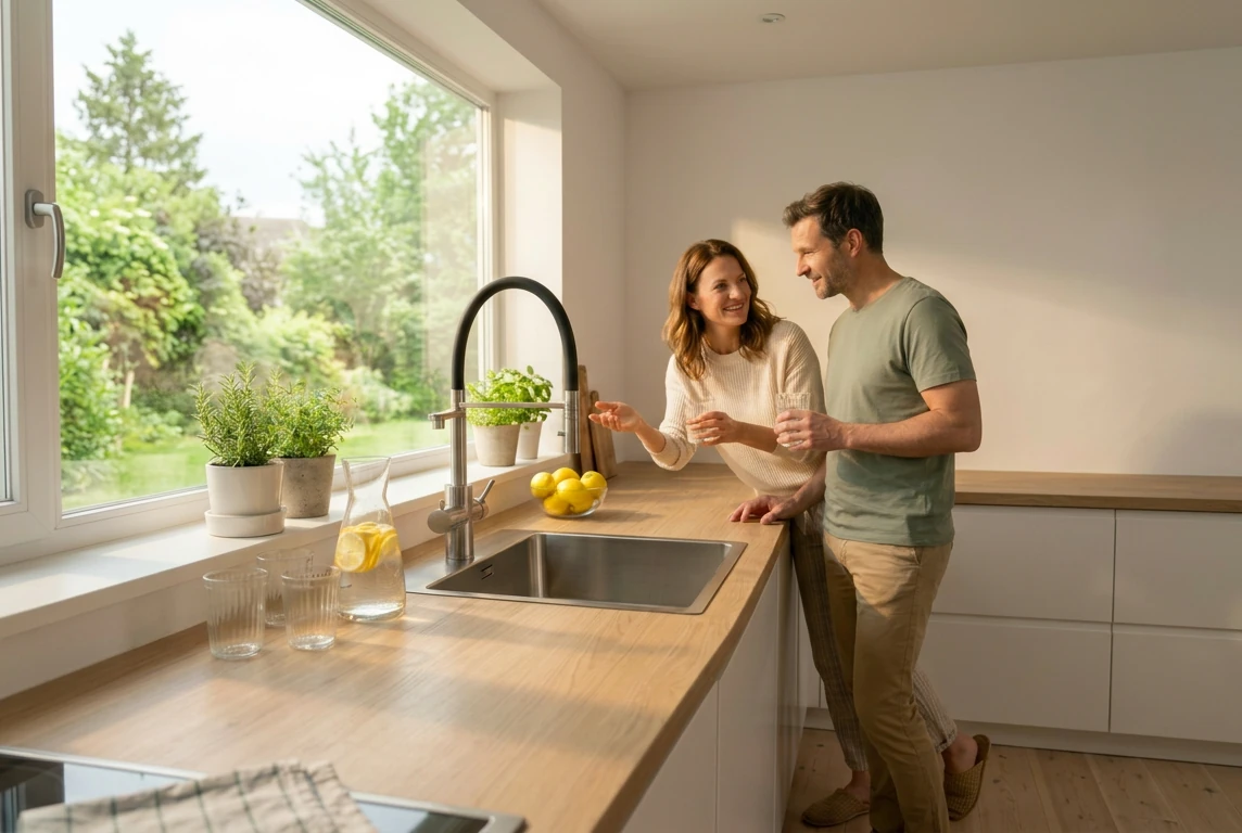 Paar mit Wassergläsern neben einem schwarzen LivingTap in einer hellen Küche
