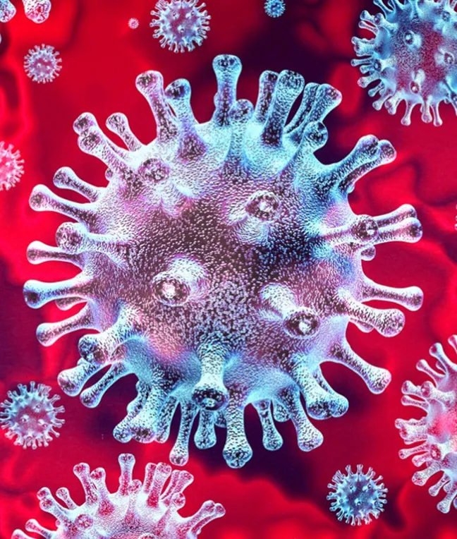 Mikroskopische Darstellung von Viruspartikeln auf rotem Hintergrund.