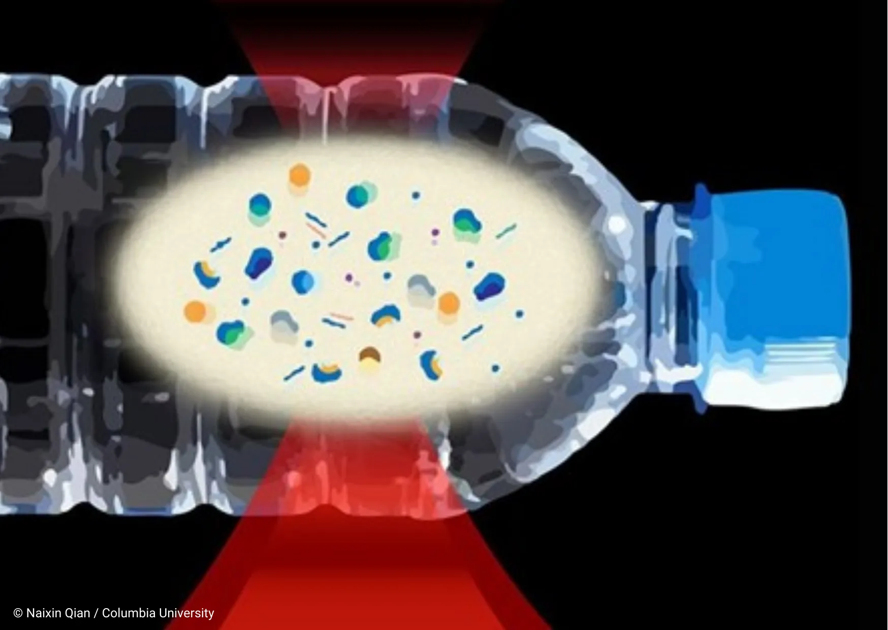 Nanoplastik im Flaschenwasser sichtbar gemacht Illustration einer Plastikflasche mit Nanoplastikpartikeln im Inneren, durchleuchtet mit rotem Lichtstrahl.