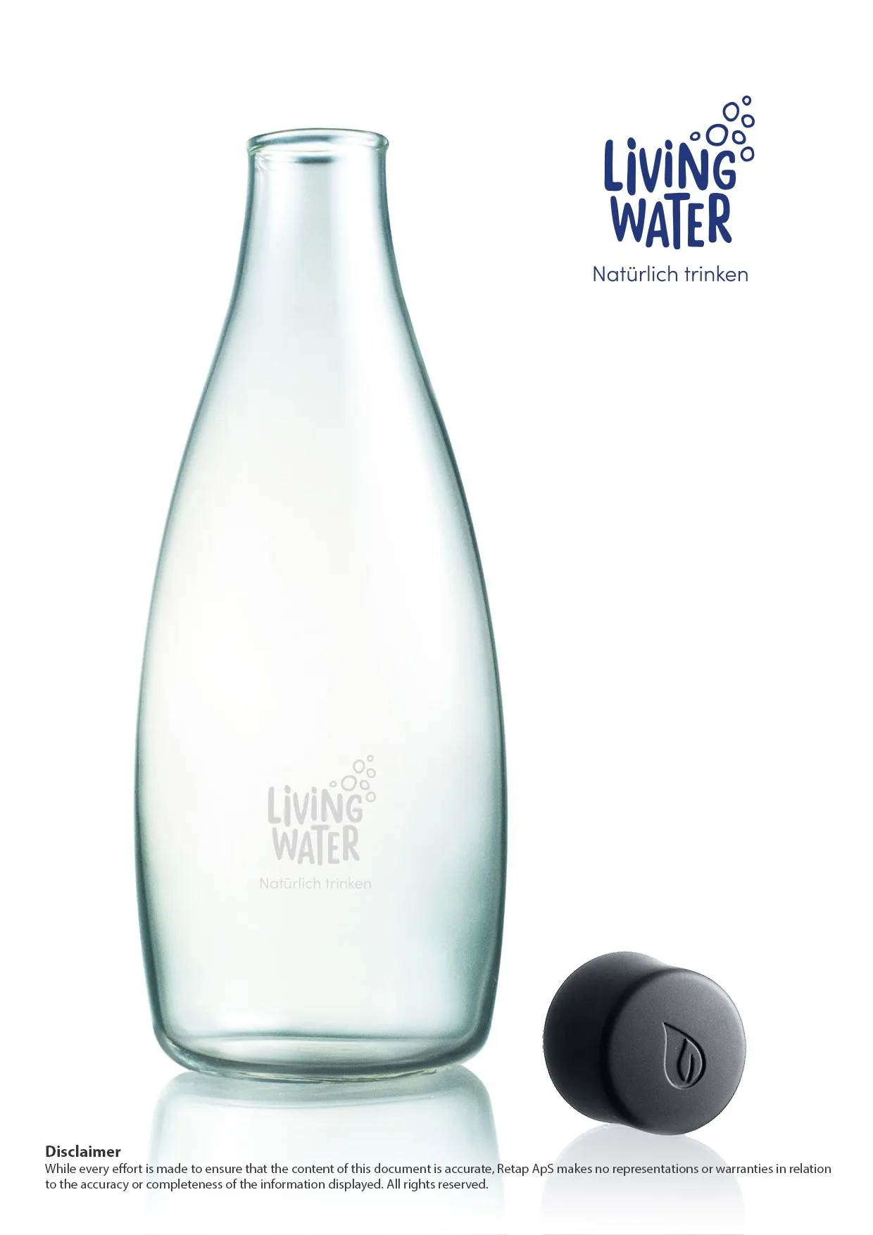Glasflasche mit Aufschrift „Living Water“ und schwarzem Deckel.