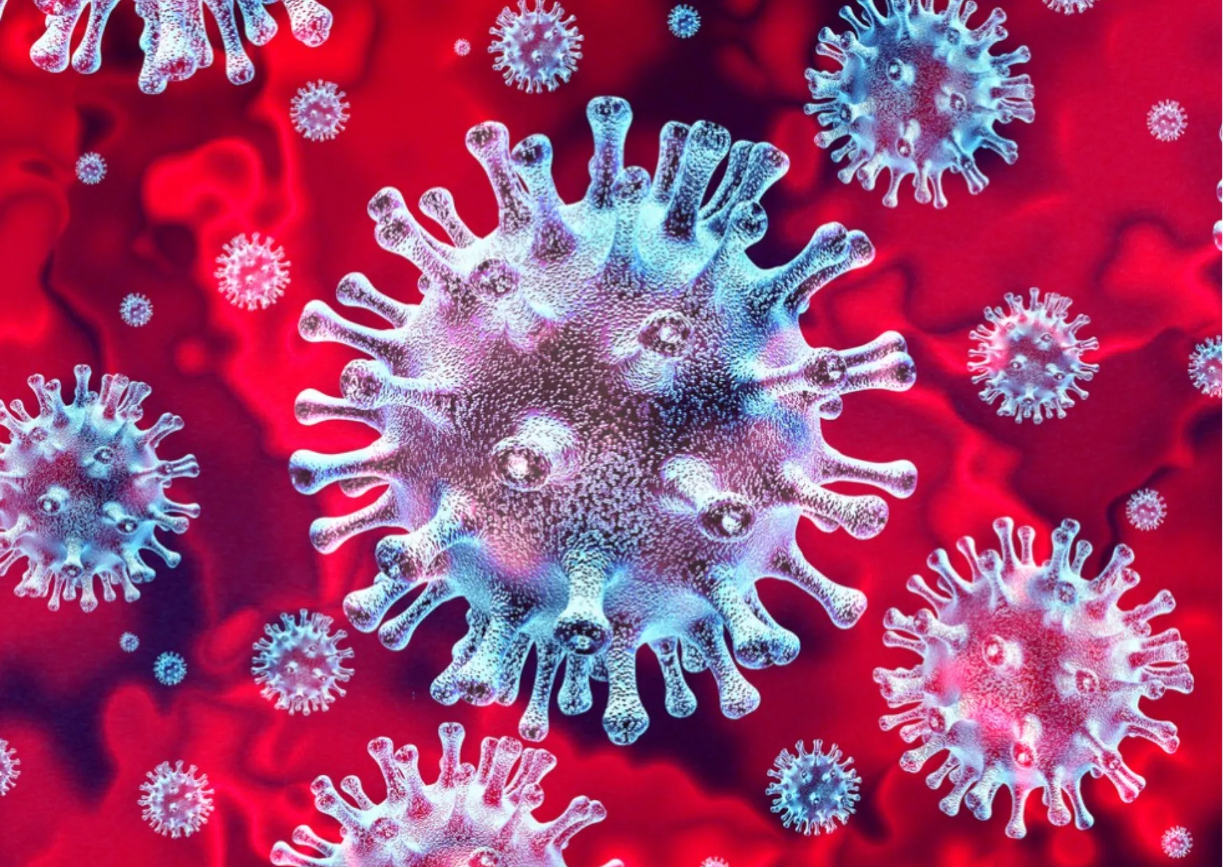 Wie gefährlich sind Viren im Leitungswasser? Illustration von Virenpartikeln in Rot und Blau als Symbolbild für Verunreinigungen im Trinkwasser