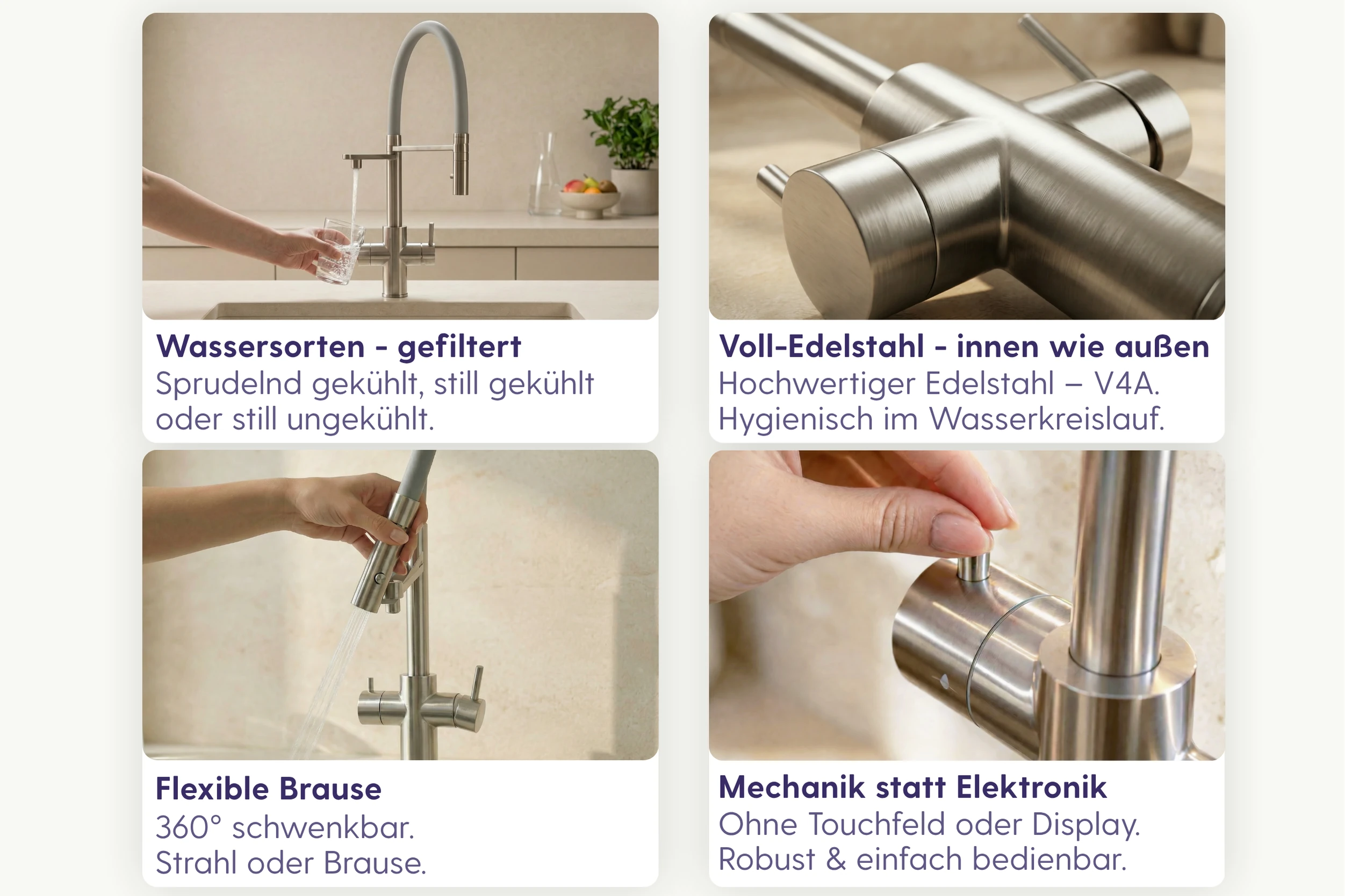 LivingTap Pro Armatur aus V4A Edelstahl mit mechanischer Bedienung ohne Touchdisplay – robust, hygienisch und einfach bedienbar.
