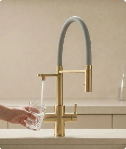 LivingTap Trinkwasserarmatur mit fließendem Wasser und Glas