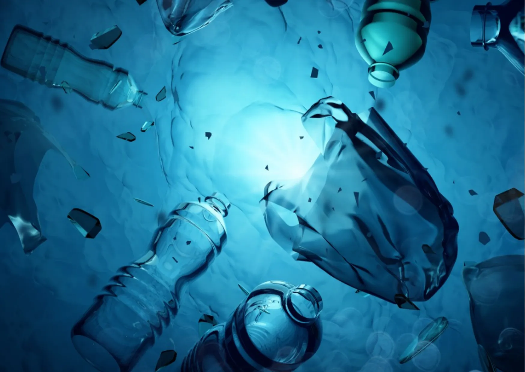 Mikroplastik und Plastikmüll im Wasser Unterwasseraufnahme mit schwimmenden Plastikflaschen und -tüten
