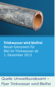 Hinweisschild zu bleifreiem Trinkwasser: Neuer Grenzwert für Blei im Trinkwasser seit Dezember 2013. Abbildung eines alten Bleirohrs.