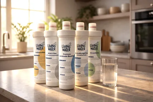 Living Water Filterstufen mit Glas Wasser in einer Küche