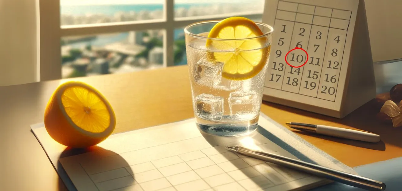 Ein Glas mit Wasser und einer Zitronenscheibe, Eiswürfeln und einer halbierten Zitrone auf einem Tisch, daneben ein Kalender mit dem markierten 10.