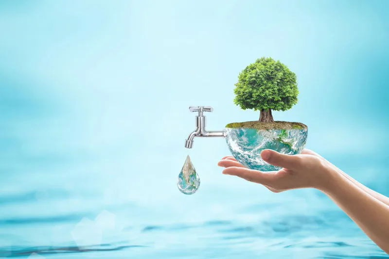 Alt-Text: Illustration einer Hand mit Wasserschale, Baum und Wasserhahn.