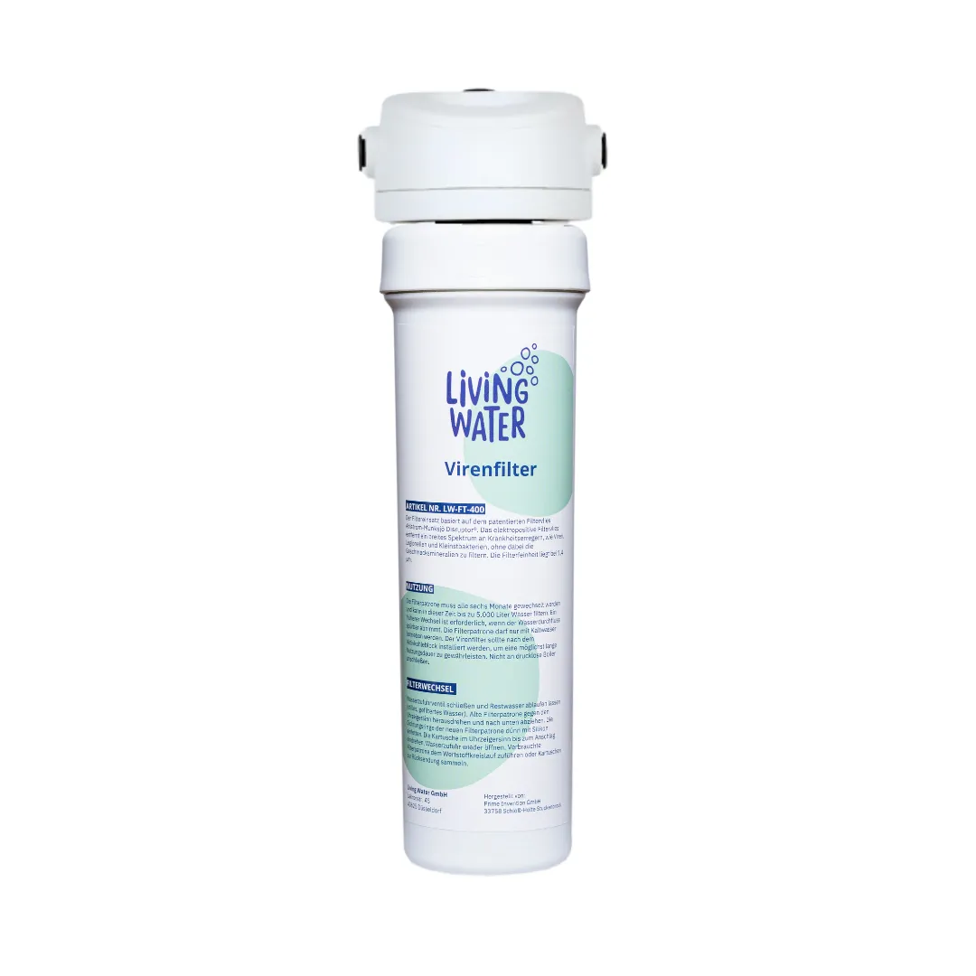 Ein Virenfilter von Living Water in weißer Farbe mit einer klaren Beschreibung und Anwendungshinweisen.