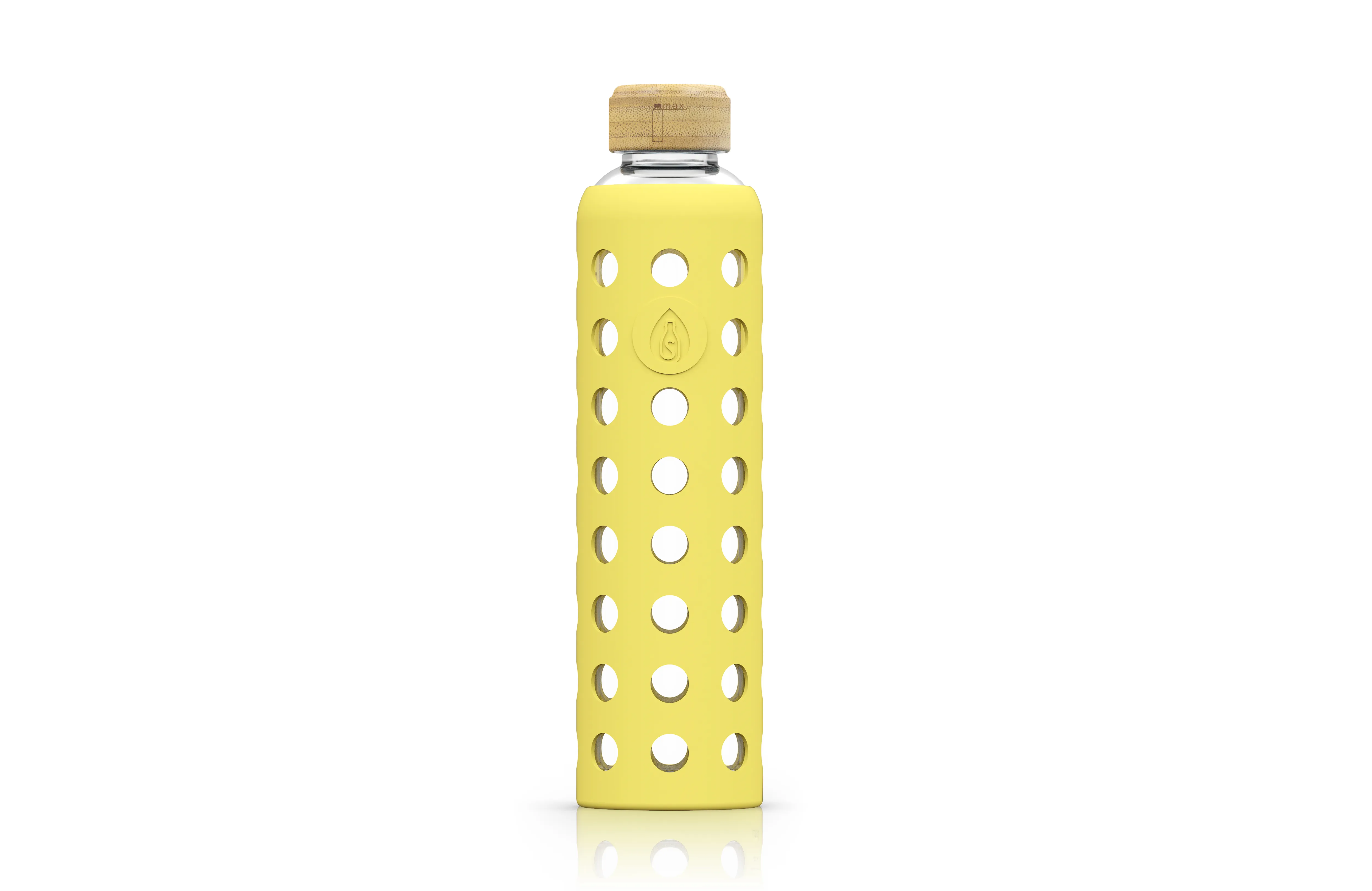 Eine gelbe Wasserflasche mit einem Lochmuster und einem Holzverschluss.