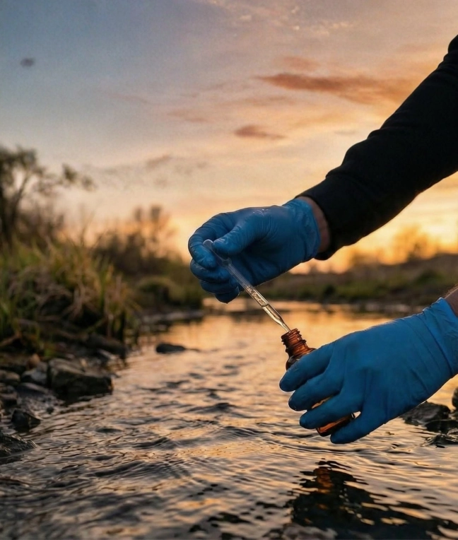 PFAS im Trinkwasser: Wasserprobe wird mit Pipette im Fluss entnommen