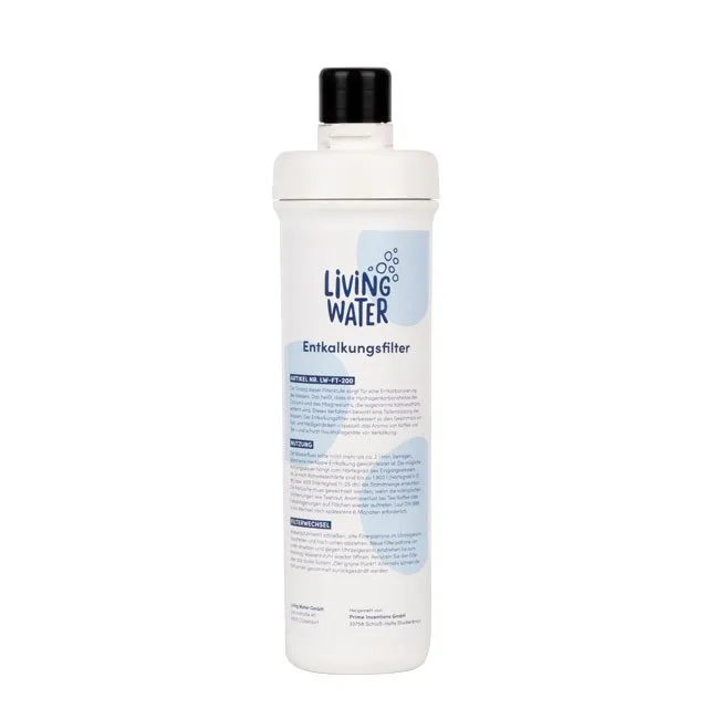 Entkalkungsfilter von Living Water in weißer Flasche mit schwarzem Deckel, gekennzeichnet mit Gebrauchsinformationen.