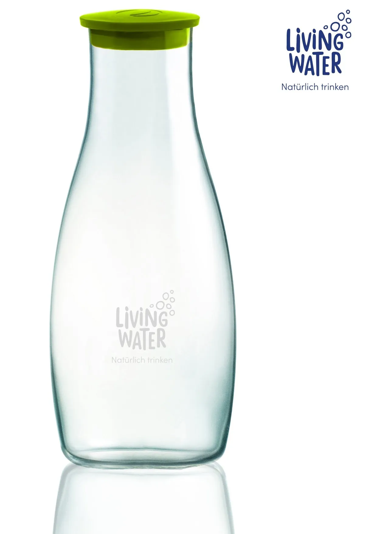 Eine klare Glasflasche mit einem grünen Deckel und der Aufschrift "LIVING WATER".