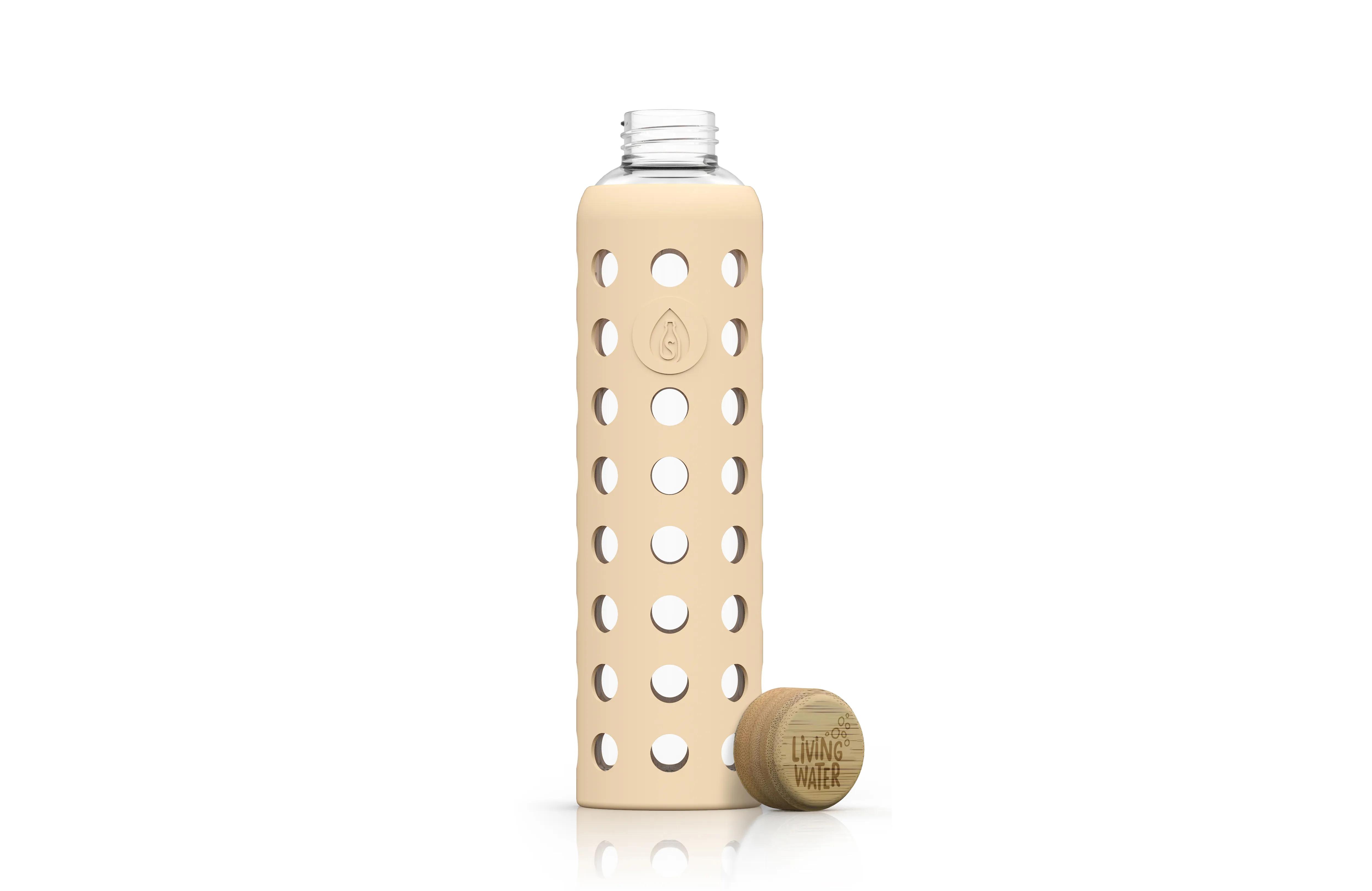 Wasserflasche mit Lochmuster und Holzverschluss.