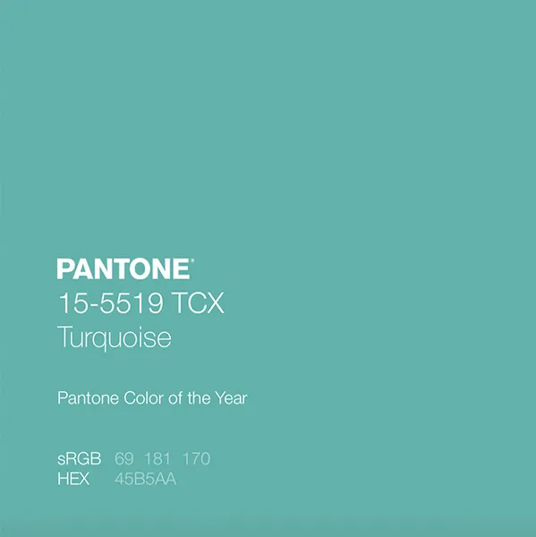 Farbenhafte Beschreibung in Türkis, Pantone 15-5519 TCX, mit RGB- und HEX-Werten.