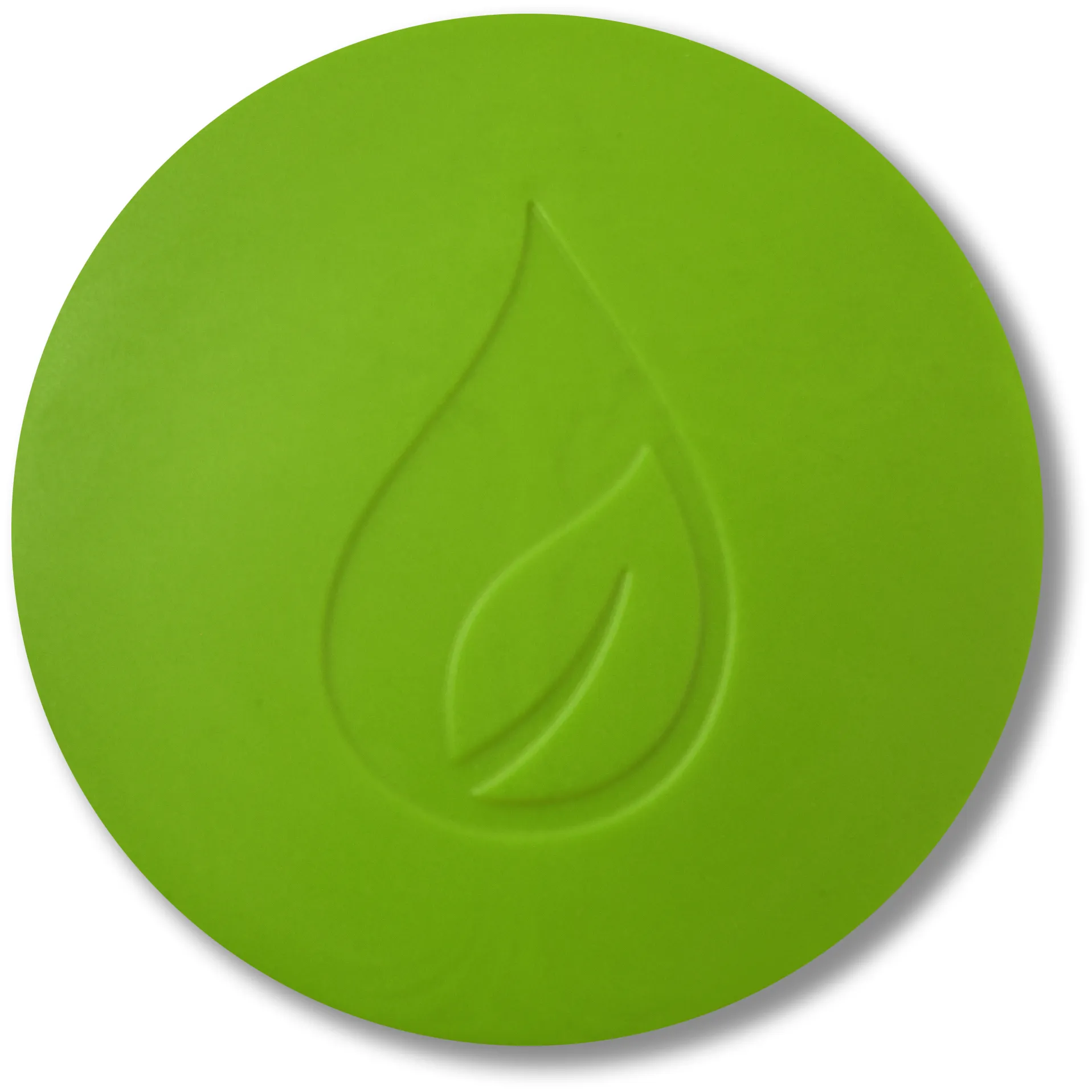 Runde, grüne Fläche mit einem eingeprägten Tropfen und Blatt-Motiv.
