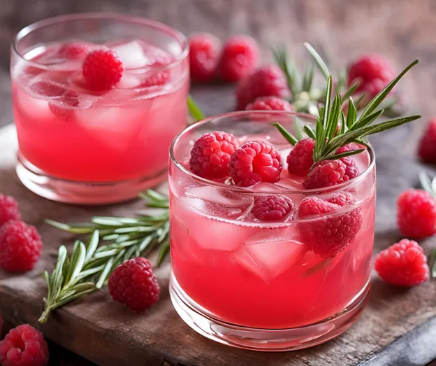 Vorschlag Zwei Gläser mit Himbeer-Mocktail auf Eis und frischem Rosmarin