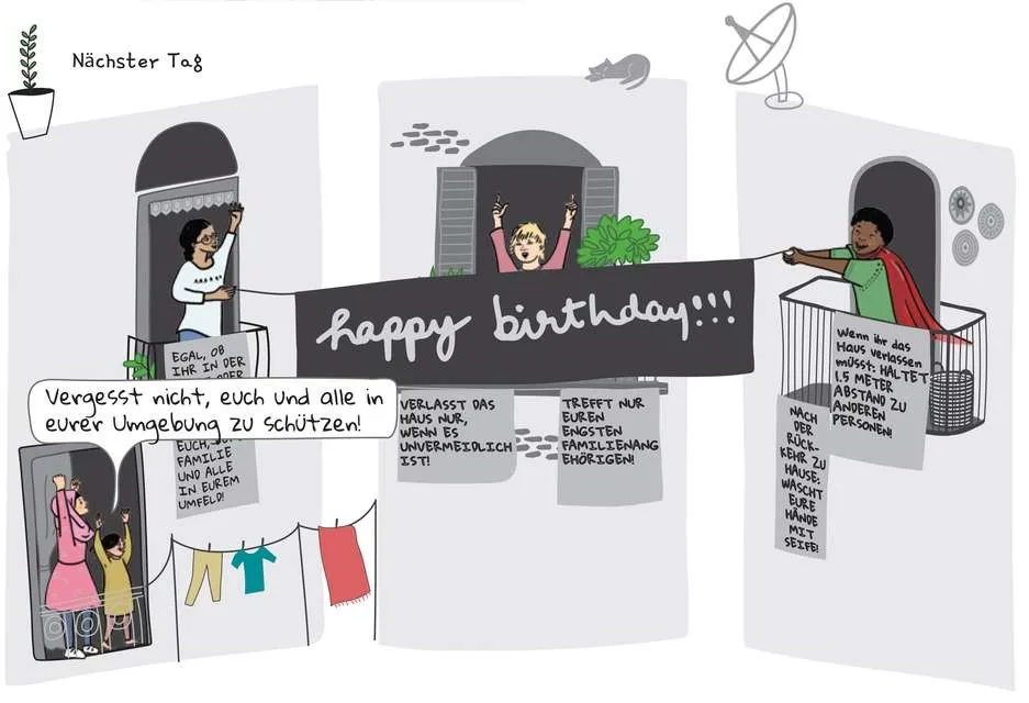 Comic der Welthungerhilfe: Gemeinsam durch die Pandemie Illustration mit Menschen an Fenstern, die ein Banner "Happy Birthday!!!" halten, und Text über Sicherheit und soziale Distanzierung.