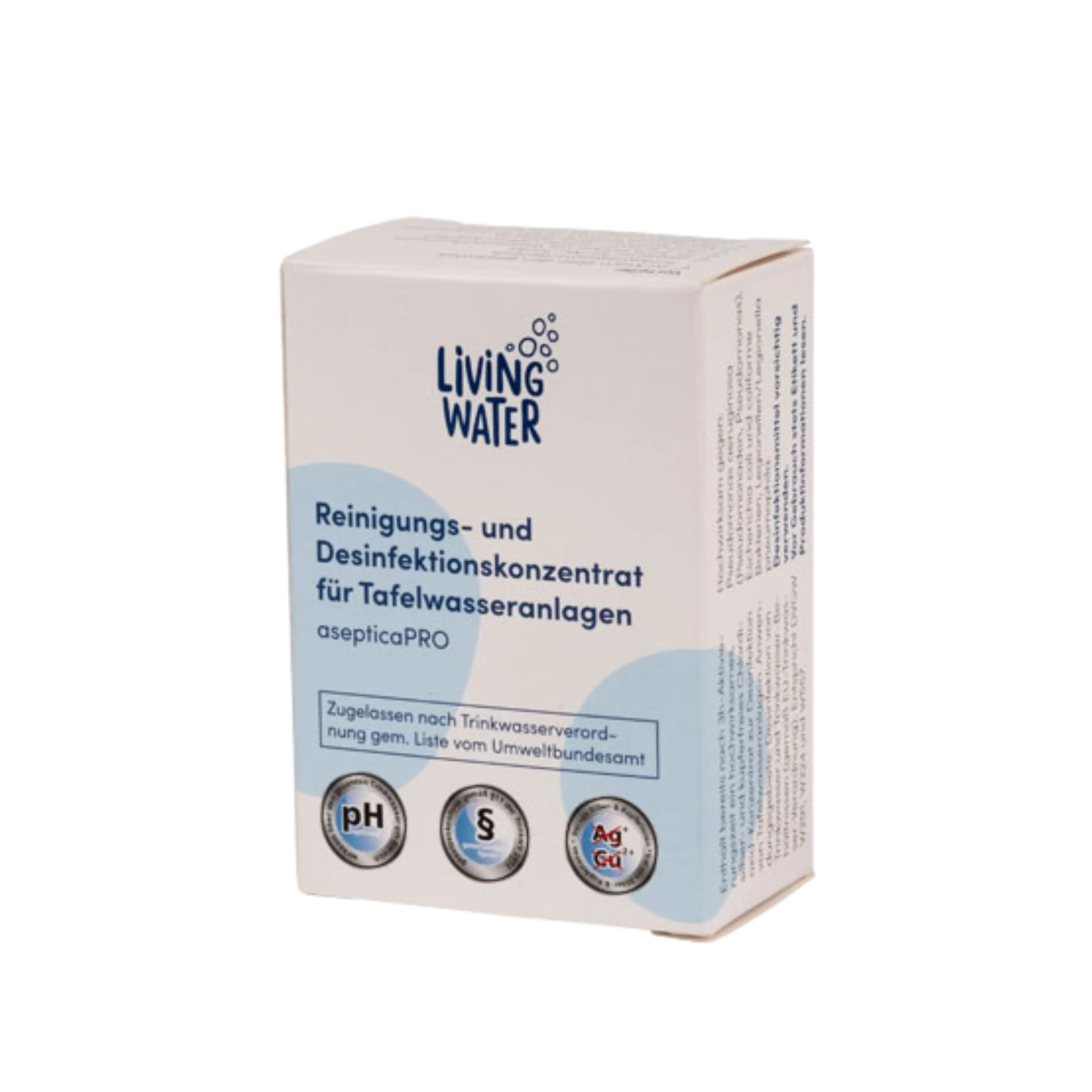 Reinigungs- und Desinfektionskonzentrat für Tischwasseranlagen, Marke Living Water.