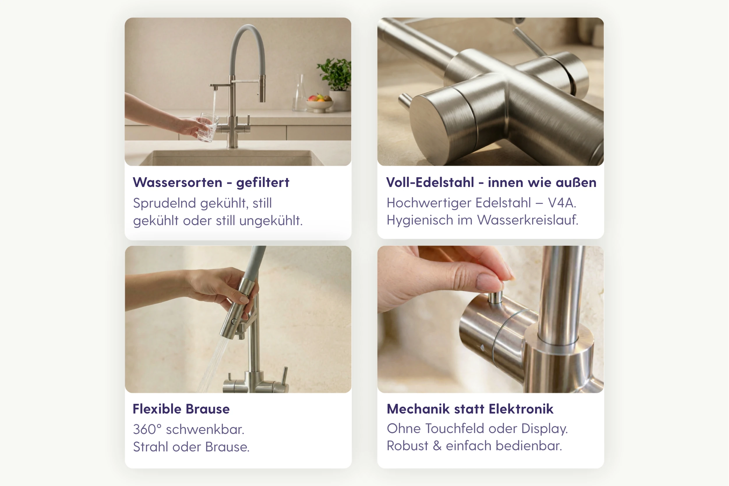 Funktionen des Living Tap Pro: gefiltertes Wasser, sprudelnd oder still, Edelstahlkörper, flexible Brause und mechanische Steuerung