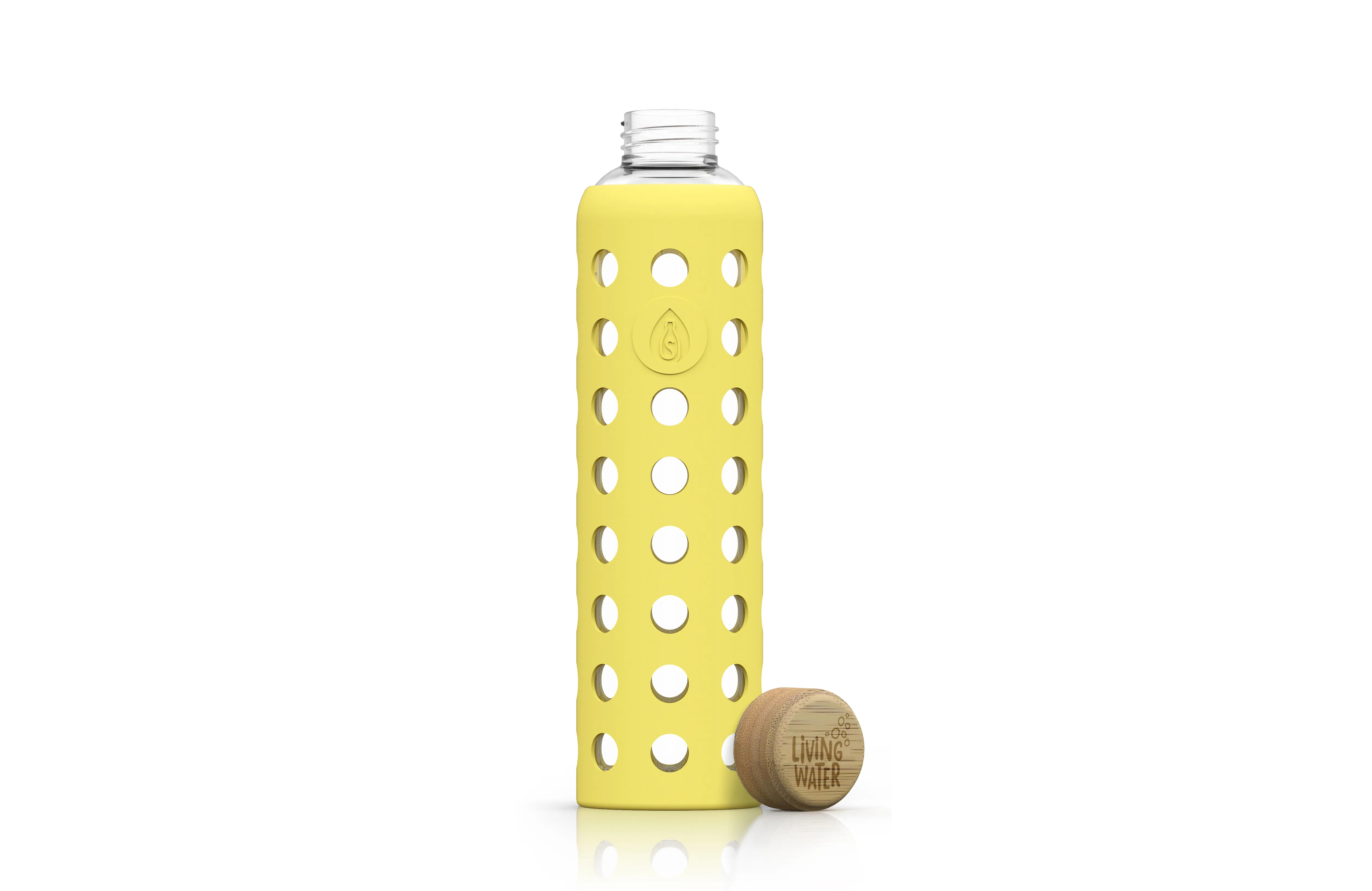 Eine gelbe Wasserflasche mit Löchern und einem Holzverschluss.