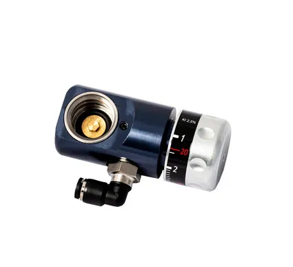 Druckregler in Blau mit manuellem Einstellknopf und Anschluss.