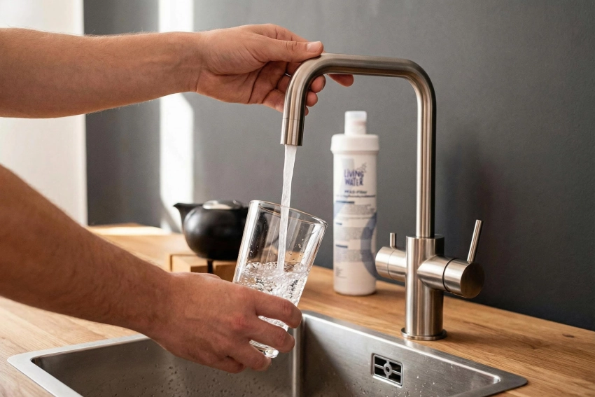 PFAS-Filter im Einsatz: Gefiltertes Leitungswasser wird am Wasserhahn in ein Glas gefüllt