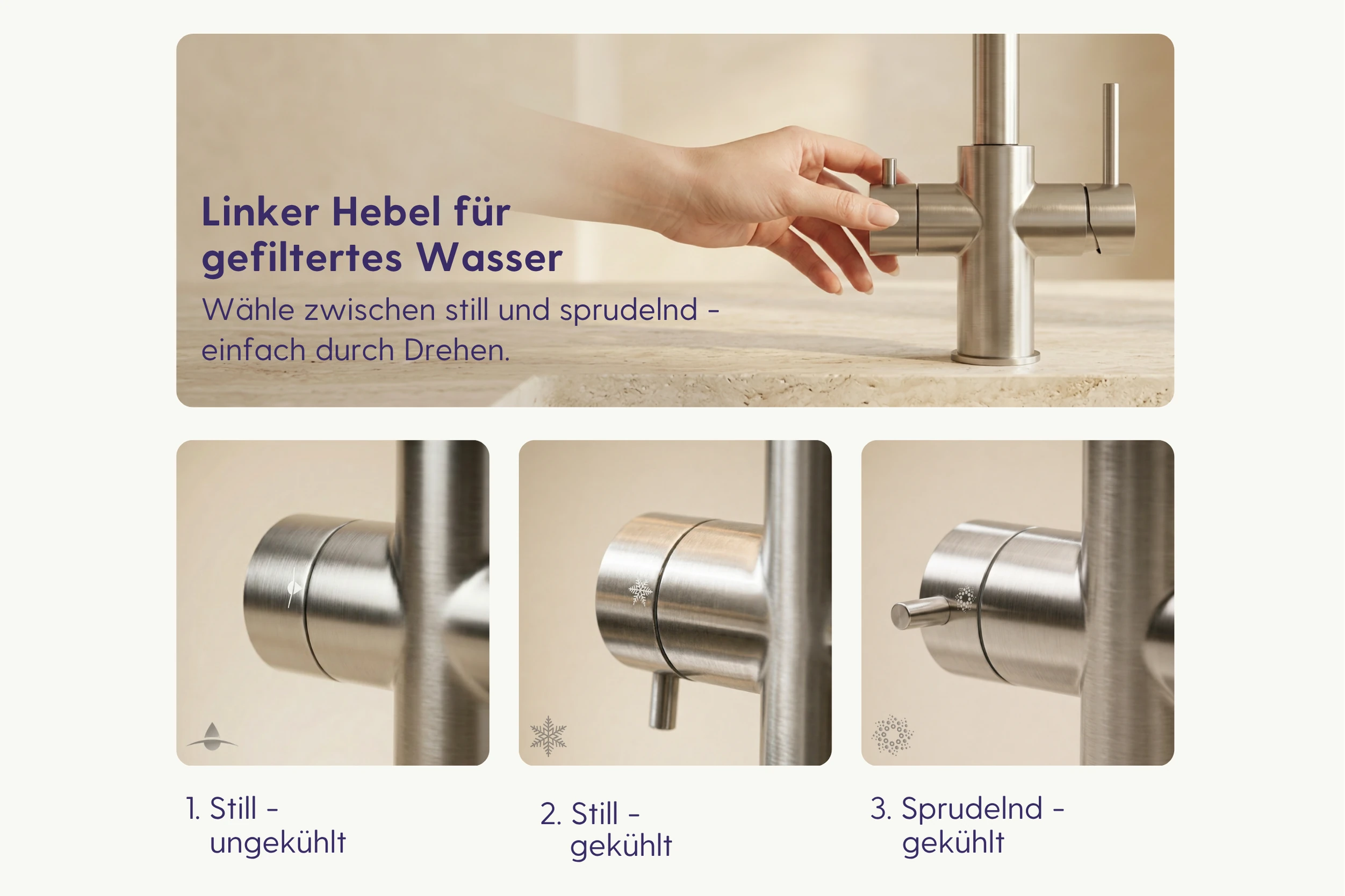 Linker Hebel am Living Tap Pro Wasserhahn für gefiltertes, stilles und sprudelnd gekühltes Wasser