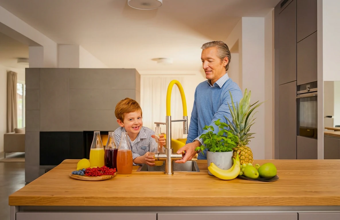 Vater und Sohn füllen eine Glasflasche am gelben LivingTap in einer modernen Küche