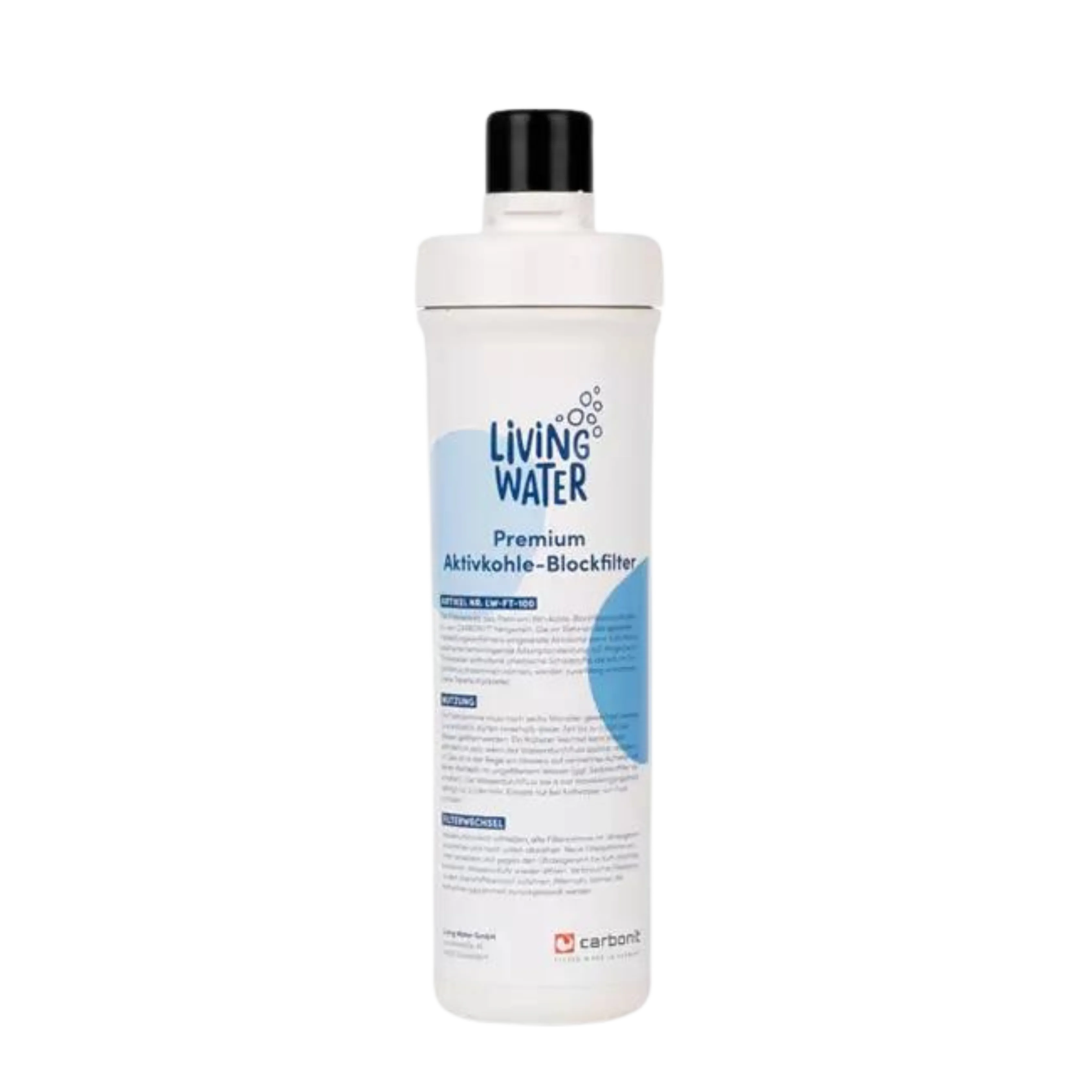 Premium Aktivkohle-Blockfilter von Living Water in einer weißen Verpackung.