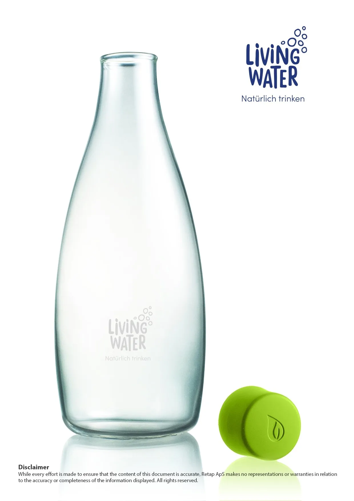 Glaskaraffe mit grünem Deckel, beschriftet mit "Living Water".
