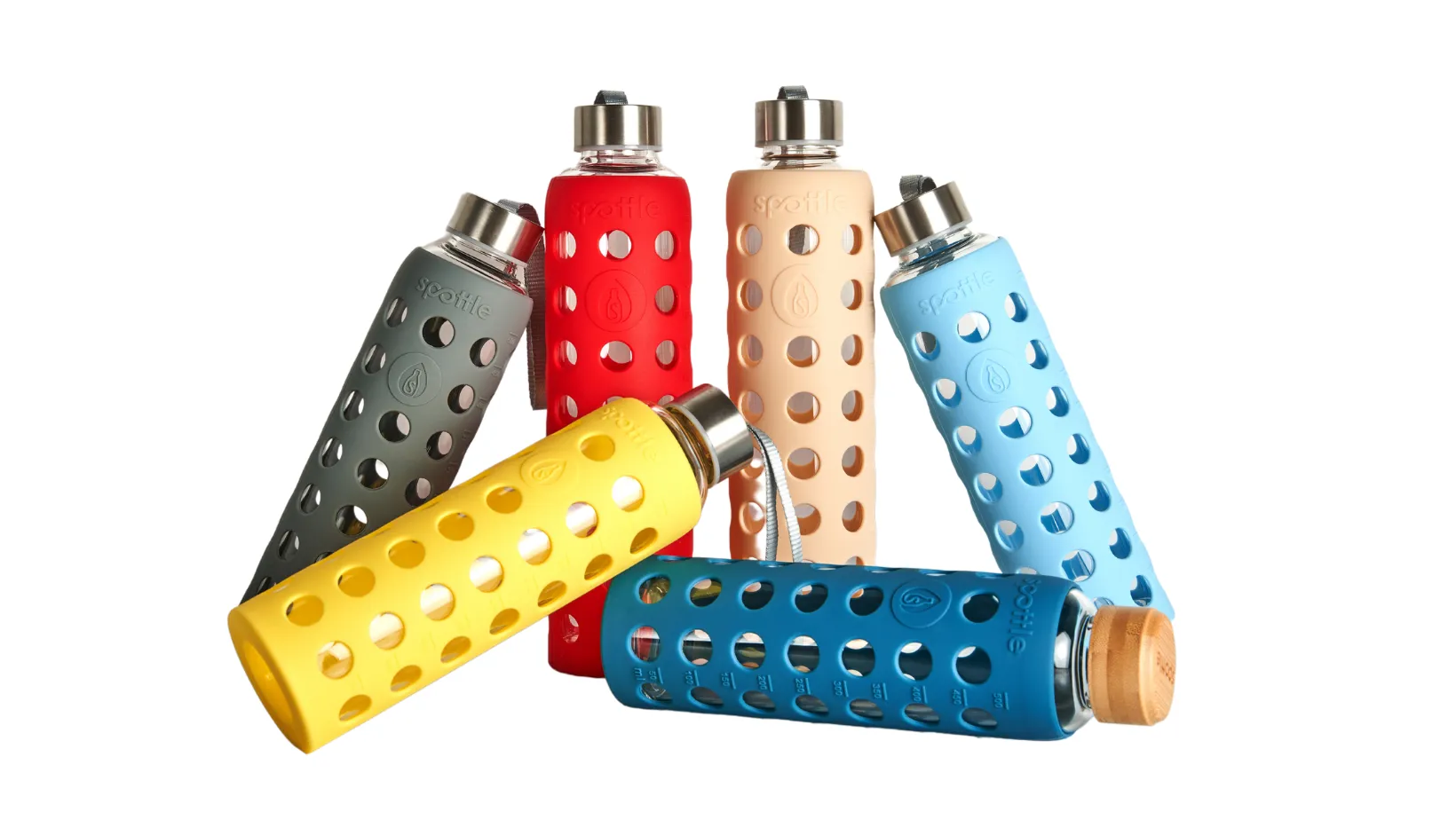 LivingTap Flasche To Go Bunte Trinkflaschen in verschiedenen Farben mit gummierten Hüllen und speziellen Öffnungen.