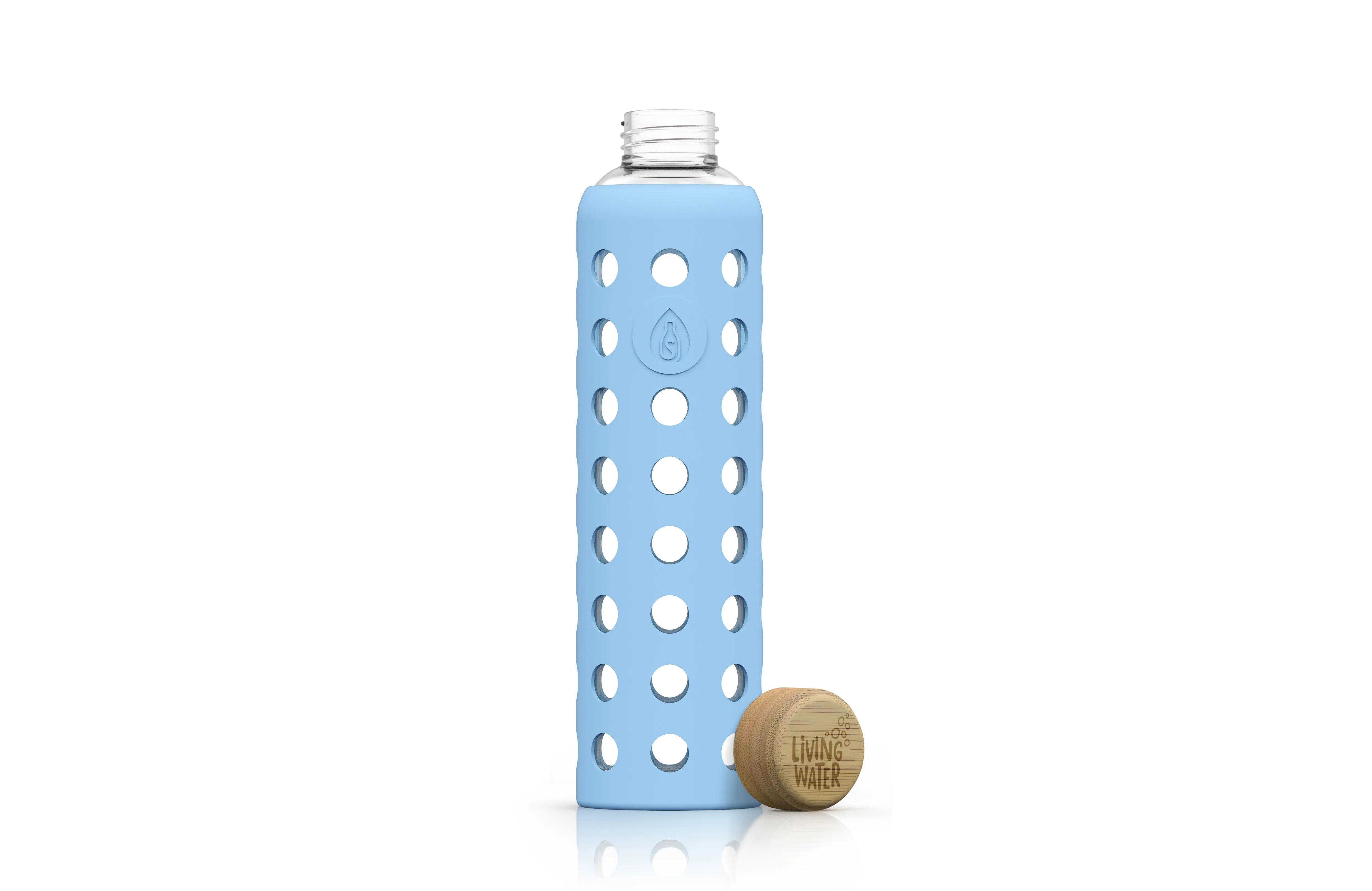 Eine hellblaue Wasserflasche mit Löchern und einem Holzverschluss.