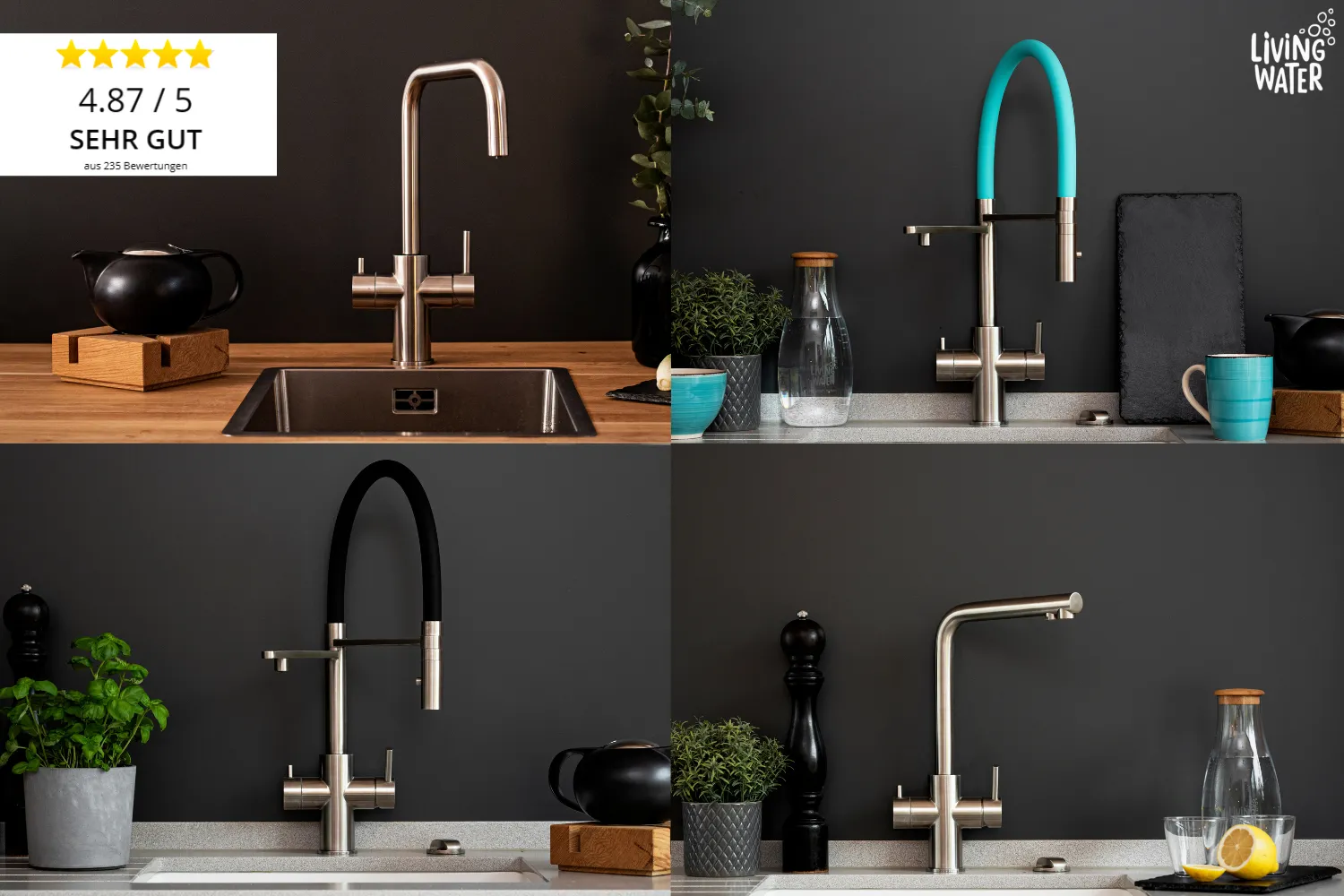 LivingTap Pro Edelstahl-Armatur in verschiedenen Designvarianten und Farben für moderne Küchen mit gefiltertem Trinkwasser.